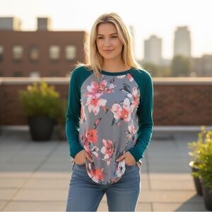 P & Rose Teal & Aqua Green Peach Coral Rose Floral Wild Flower Raglan T-Shirt